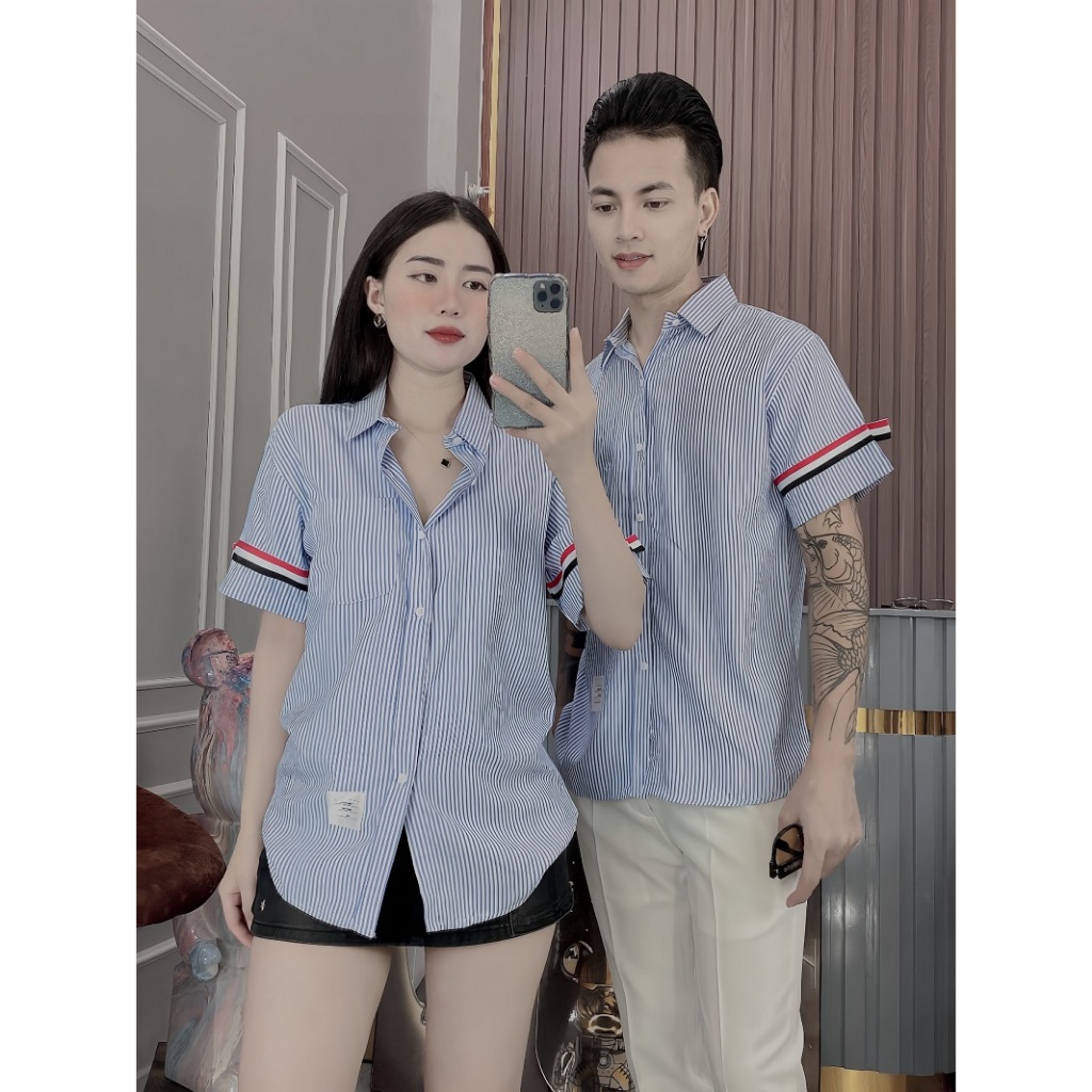 Áo Sơ Mi Nam Nữ Kẻ Sọc Ngắn Tay Vải Cotton Lụa Cao Cấp - CLITUS