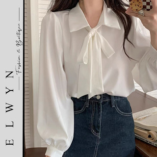 Áo sơ mi nữ dài tay cổ thắt nơ basic dễ phối elwyn el85