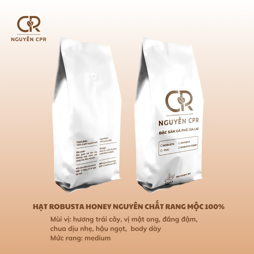 Cà phê Hạt Robusta Honey rang mộc 100% nguyên chất (gói 1000g)