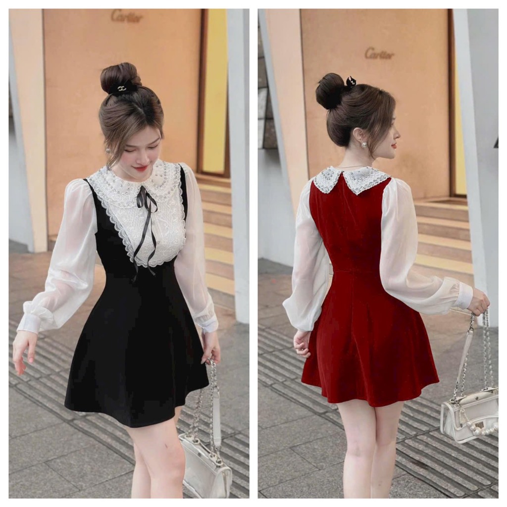 Đầm váy nhung phối tay voan,cổ ren đính đá,có lót quần trong,2 màu y hình,thời trang nữ xinh xắn duyên dáng