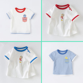 Áo thun Cotton trắng kẻ sư tử biển, tôm A1101/Áo trắng viền xanh, đỏ Vịt A1102 cho Bé trai -TOPZKIDS