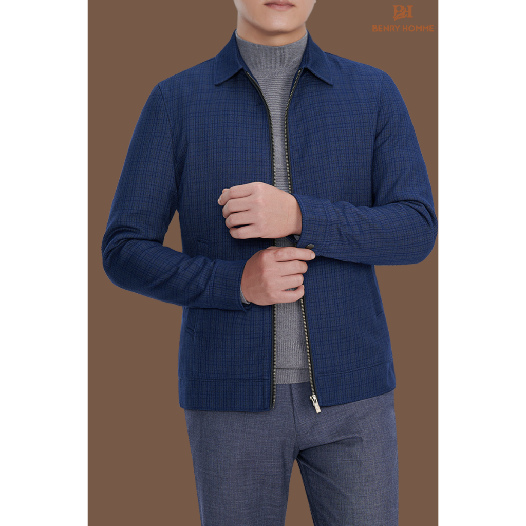 Áo khoác nam Benry màu xanh xám, chất liệu sợi lông cừu phong cách Hàn Quốc JK18116GR