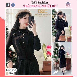 MV1753 Váy đầm len kem, đen, đỏ dáng xòe dập ly [Dolce Viva Colection (DVC)] váy len dài tay dáng xòe nữ tính