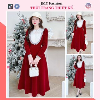 V413 Váy đầm nhung xòe đỏ viền ren nữ tính [TH Hà Thanh] váy đỏ nhung cổ sen trắng đính đá tiểu thư