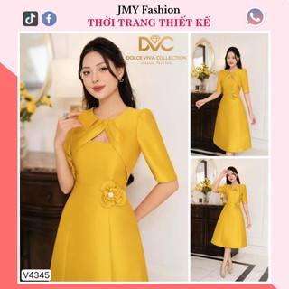 V4345 Váy A xòe vàng tafta dự tiệc [Dolce Viva Colection (DVC)] váy vàng đính hoa eo thiết kế công sở