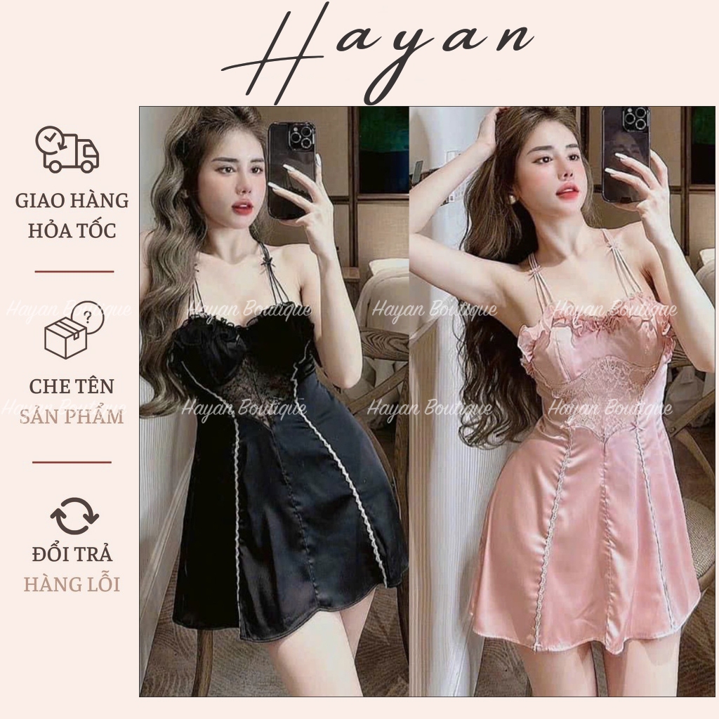 HT23 Váy ngủ sexy lụa phối ren bèo tôn ngực, đồ ngủ 2s xoè nhẹ quyến rũ HT23