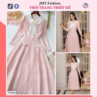 V4356 Váy dạ hồng cổ nơ trắng dáng xòe công sở [Dolce Viva Colection (DVC)] váy đầm hồng dạ cổ sen nữ tính