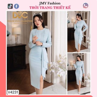 V4231 Váy đầm xanh ôm body xếp ly ngực dài tay [Dolce Viva Colection (DVC)] váy xanh pastel nhún eo thiết kế