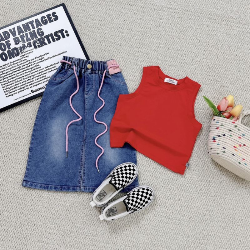 Set  chân váy jean dài kèm áo xinh xắn bé gái