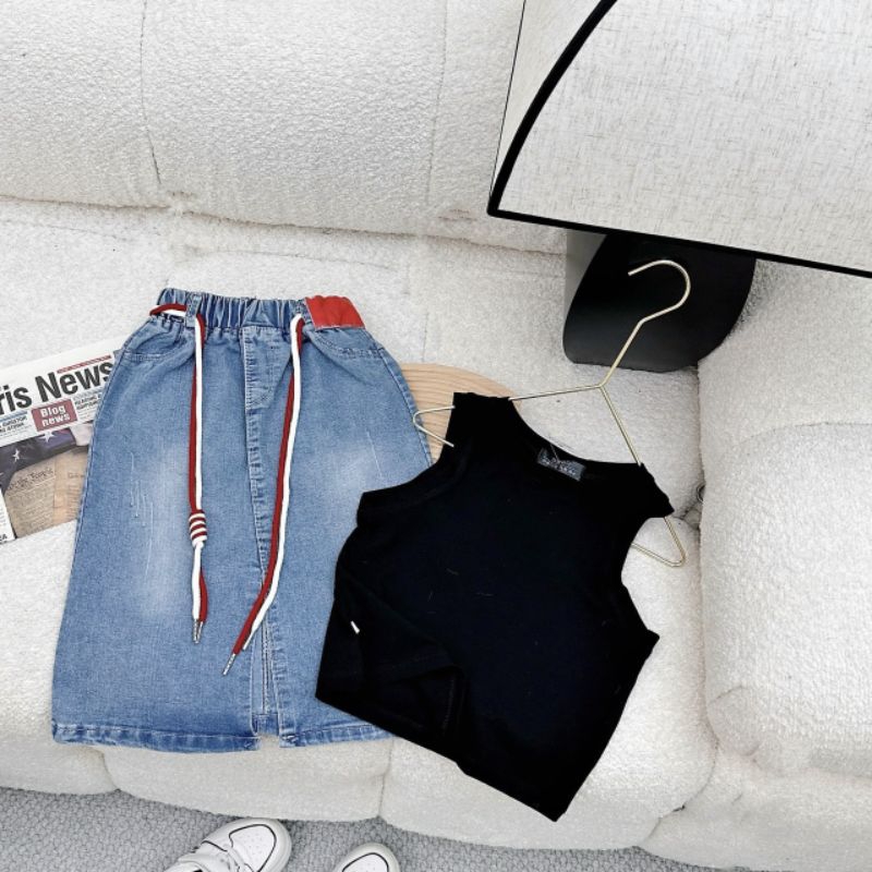 Set  chân váy jean dài kèm áo xinh xắn bé gái