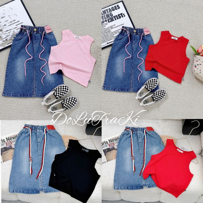 Set  chân váy jean dài kèm áo xinh xắn bé gái
