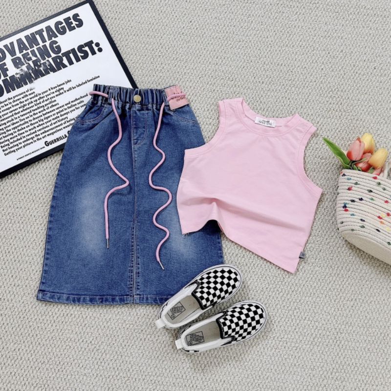 Set  chân váy jean dài kèm áo xinh xắn bé gái