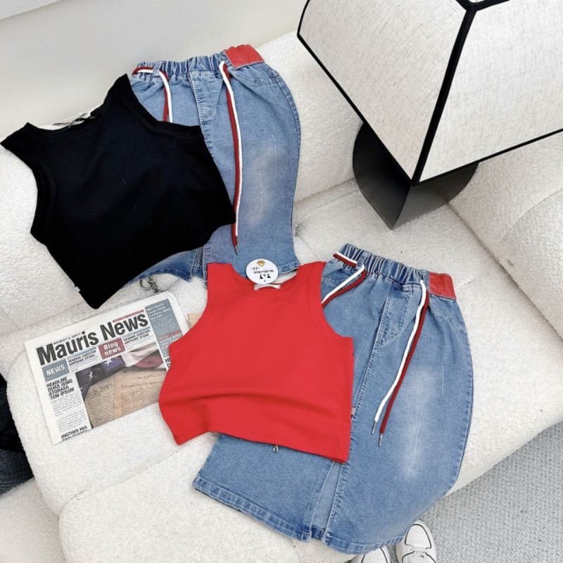 Set  chân váy jean dài kèm áo xinh xắn bé gái