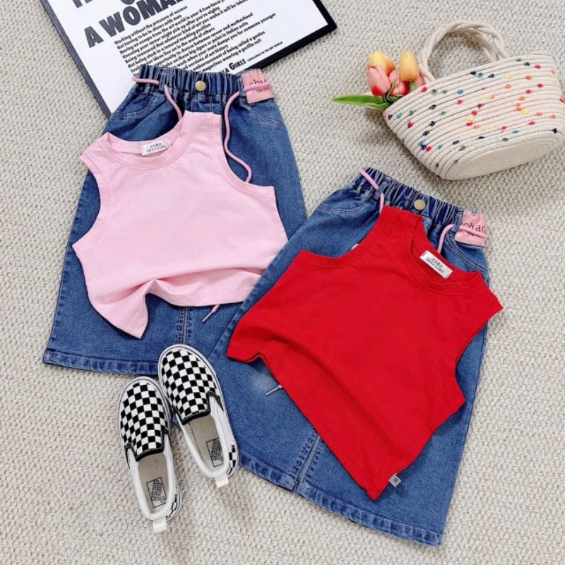 Set  chân váy jean dài kèm áo xinh xắn bé gái