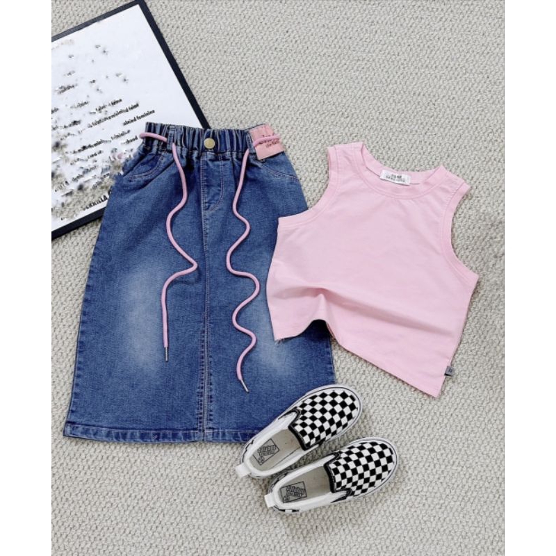 Set  chân váy jean dài kèm áo xinh xắn bé gái