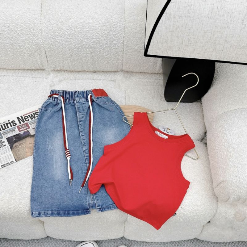 Set  chân váy jean dài kèm áo xinh xắn bé gái