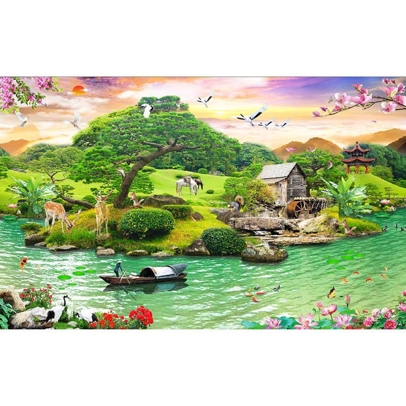 Tranh đính đá toàn bộ 5d tự làm - tranh phong cảnh Sơn thủy kích thước 70*110cm