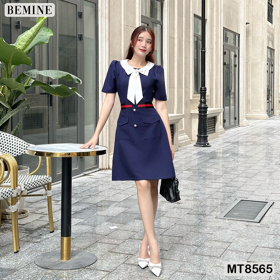 Đầm thiết kế cổ phối nơ tùng chữ A BEMINE MT8565