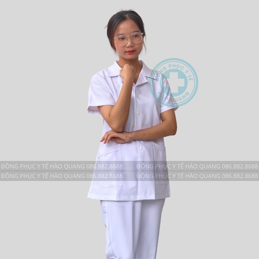 Áo blouse y tá Hào Quang màu trắng hàng phổ thông