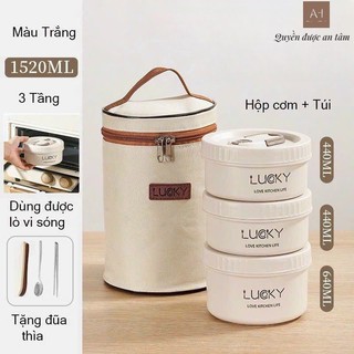 Hộp cơm giữ nhiệt Lucky, Hộp cơm trưa văn phòng cao cấp cách nhiệt 3 tầng bằng thép không gỉ 304L,Tặng kèm túi giữ nhiệt