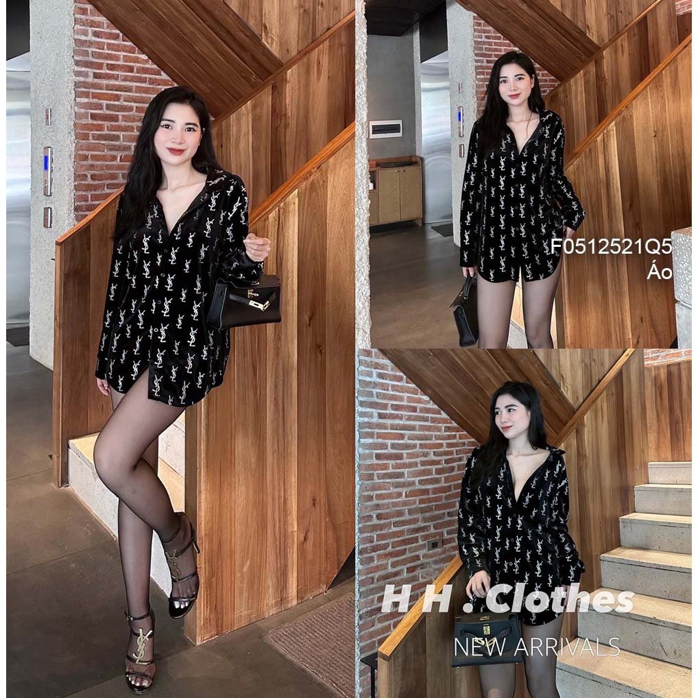 Áo sơ mi nhung đen họa tiết chữ yslv tay dài hàng đẹp!