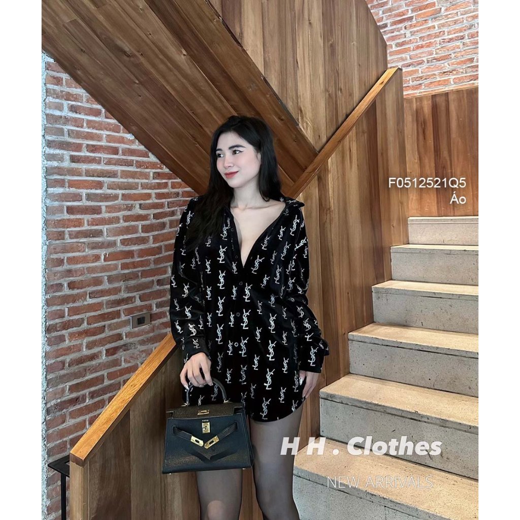 Áo sơ mi nhung đen họa tiết chữ yslv tay dài hàng đẹp!