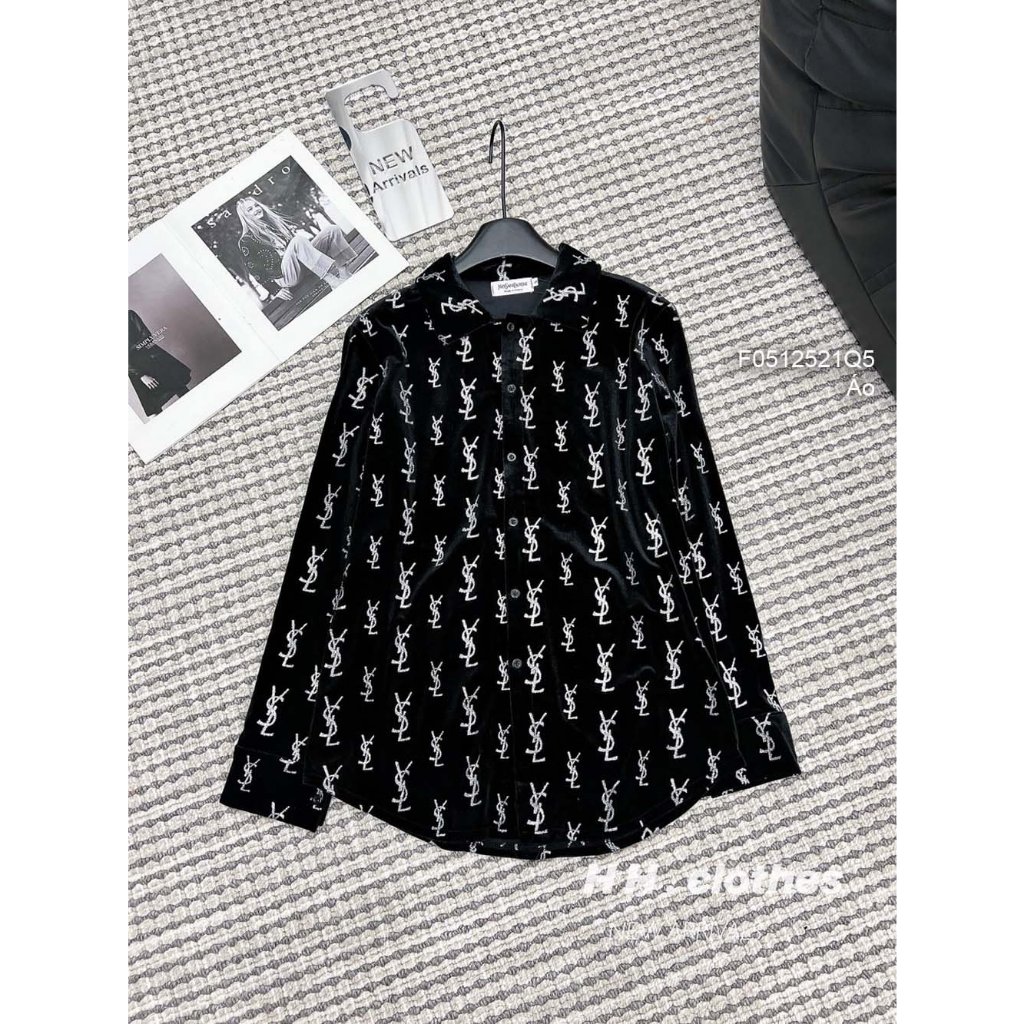 Áo sơ mi nhung đen họa tiết chữ yslv tay dài hàng đẹp!