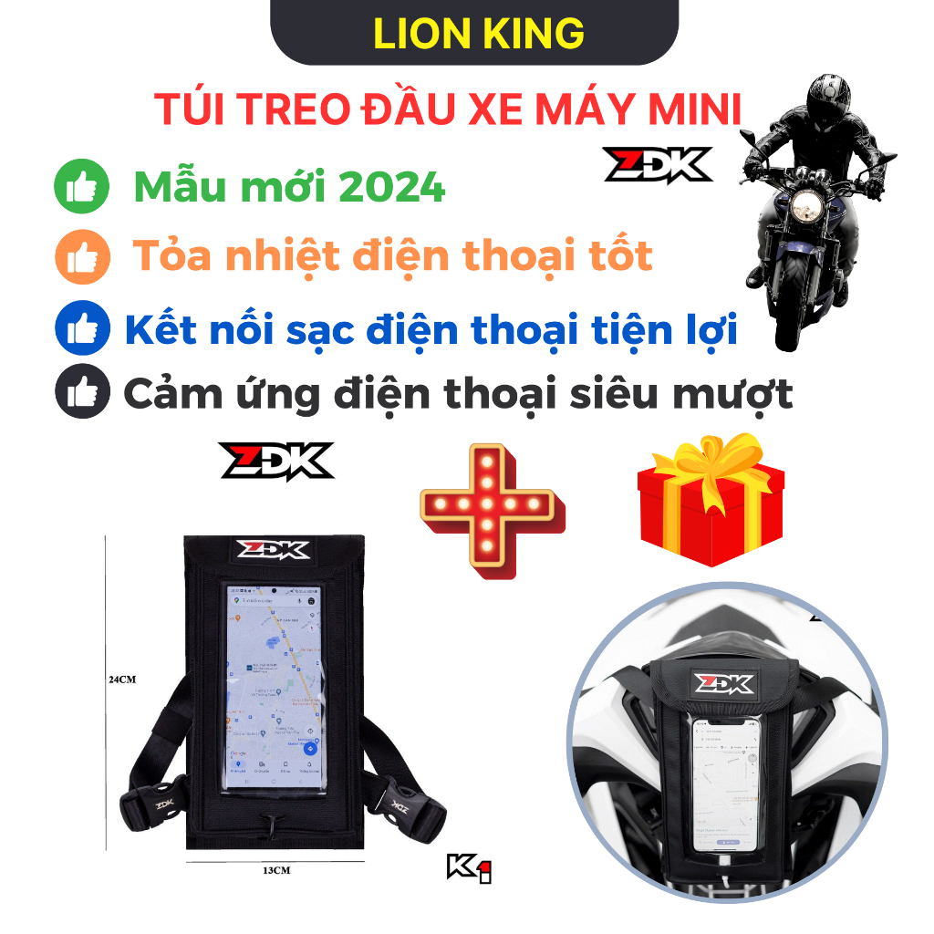 Túi Treo Đầu Xe Máy Mini ZDK K1,cảm ứng siêu mượt có lỗ sạc.Lion King.Túi Đựng Điện Thoại Chống Cướp Giật,Xem Google Map