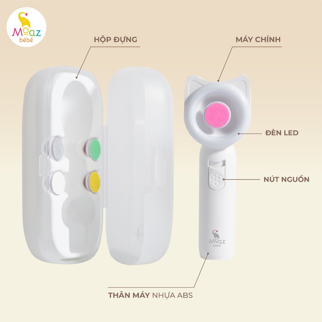 Máy dũa móng tay cho bé Moaz Bebe MB080, máy mài móng tay tai mèo có đèn led - Monnie Kids