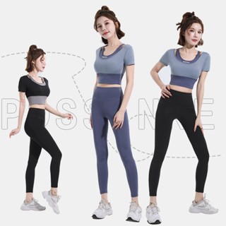 Bộ đồ tập gym yoga nữ 2 món, áo croptop có mút và quần dài ôm body tôn dáng, thời trang