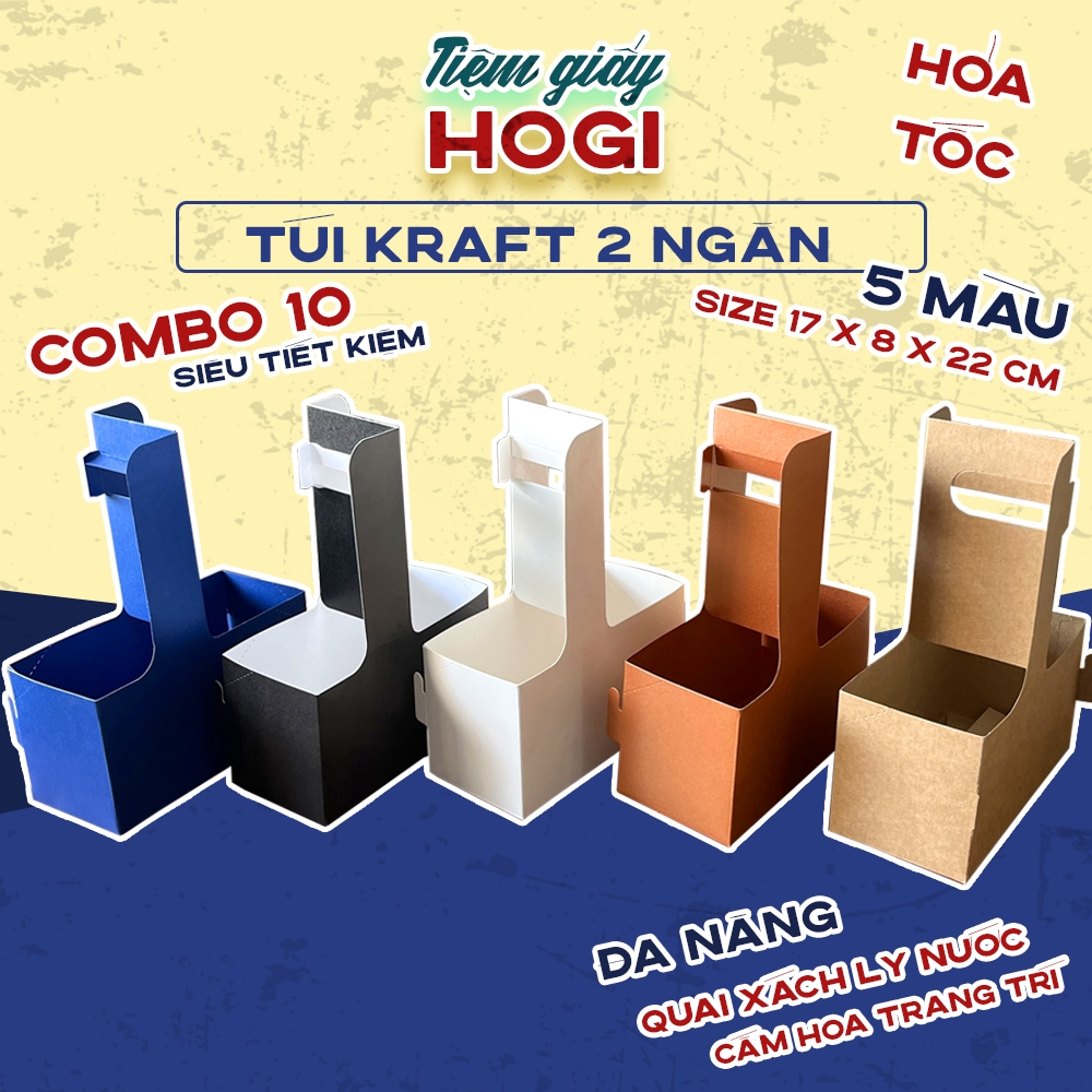 Combo 10 túi giấy kraft 2 ngăn HOGI, khay giấy kraft đựng ly nước và hoa 2 ngăn take away tiện lợi, 