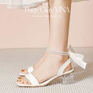 Giày cao gót sandal quai ngang thắt nơ ngọc 3-7 phân đế vuông trong suốt hot 2023 THUÝ GIÀY VINA STORE mã S09