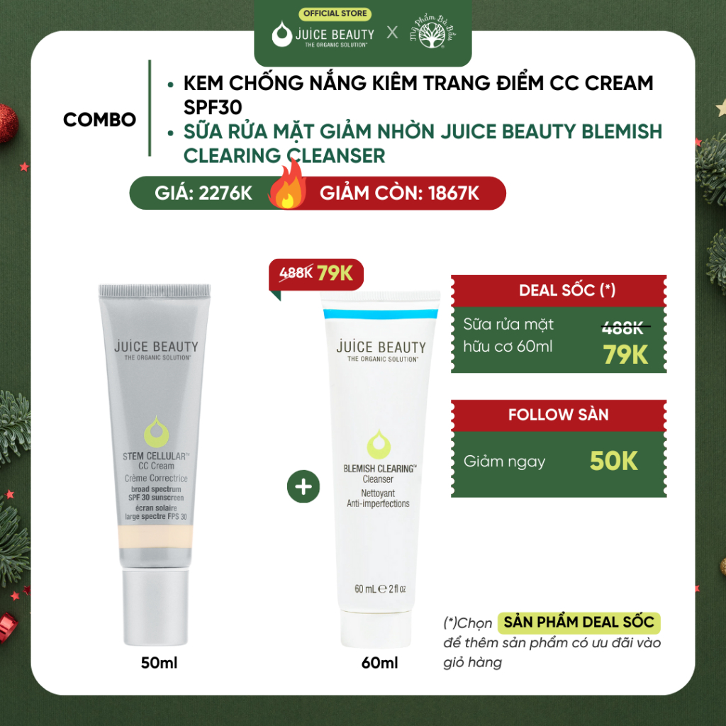 Kem Chống Nắng Hữu Cơ Cho Mẹ Bầu Chống Lão Hoá Ngăn Ngừa Sạm Nám Juice Beauty Stem Cellular CC Cream SPF30 Sunscreen 50m