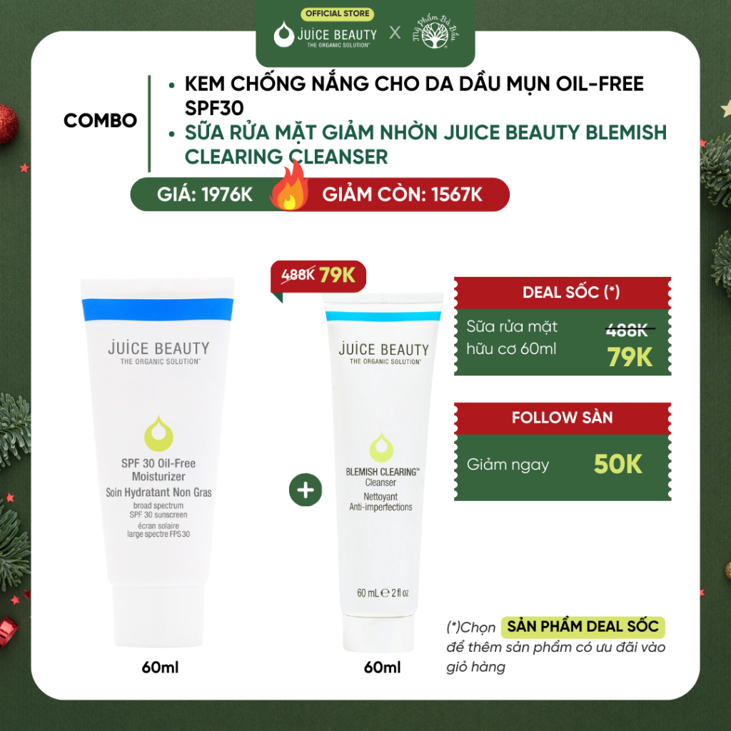 Kem Chống Nắng Cân Bằng Ẩm Cho Mẹ Bầu Da Dầu/Mụn Hữu Cơ Cao Cấp Juice Beauty SPF 30 Oil-Free 60ml