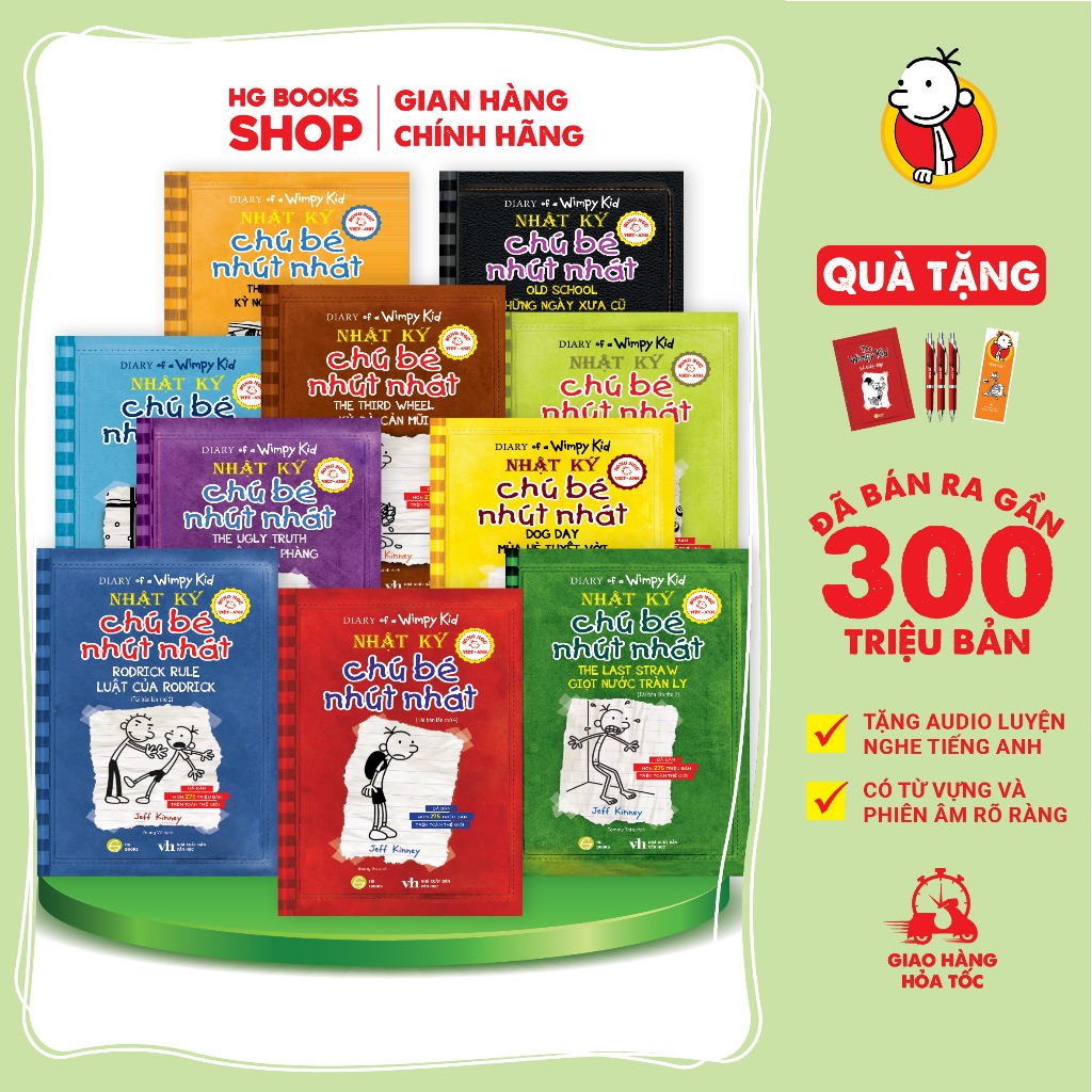 Combo Sách Song Ngữ: Nhật Ký Chú Bé Nhút Nhát - Diary Of A Wimpy Kid tập 1-10. Đã Bán 300 Triệu Bản. Tặng File Audio