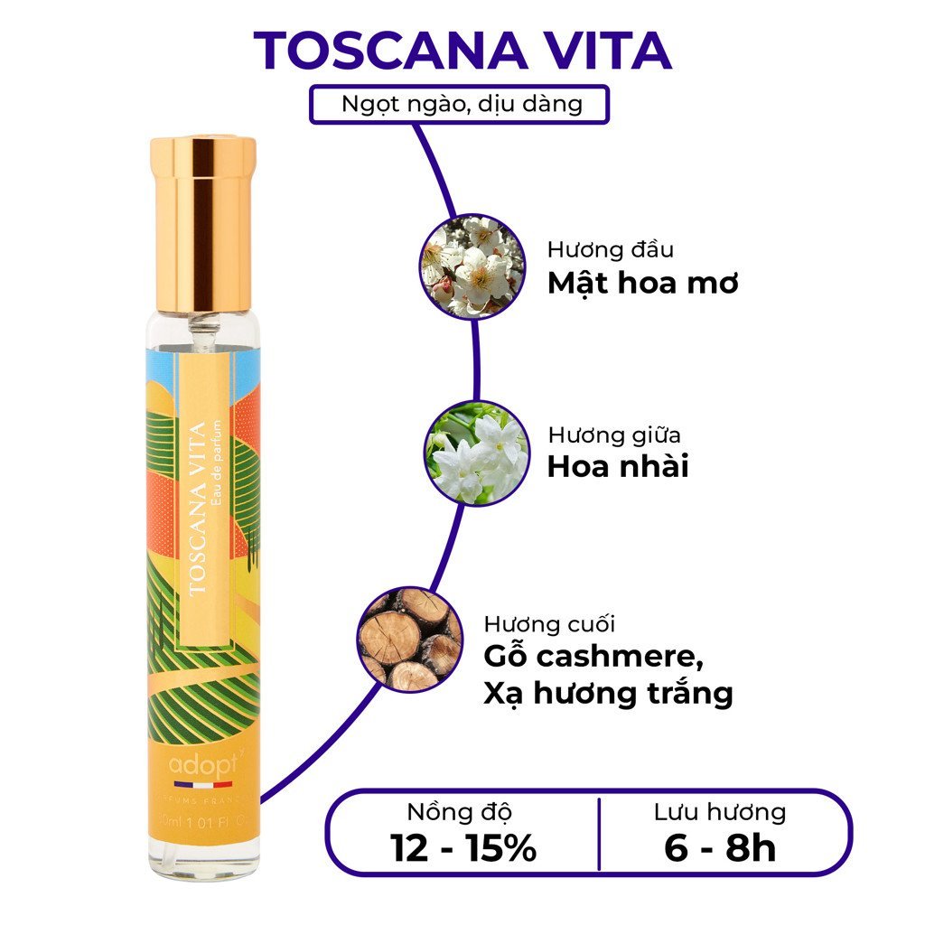 Nước hoa nữ ADOPT TOSCANA VITA EDP 30ml chính hãng Pháp lưu hương thơm lâu Ngọt ngào , Nữ tính