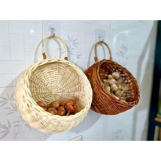 Giỏ đựng hành tỏi, giỏ mây tre đan treo tường, giỏ cói đựng gia vị, giỏ treo tường có tay cầm, trồng hoa, giỏ mây tròn
