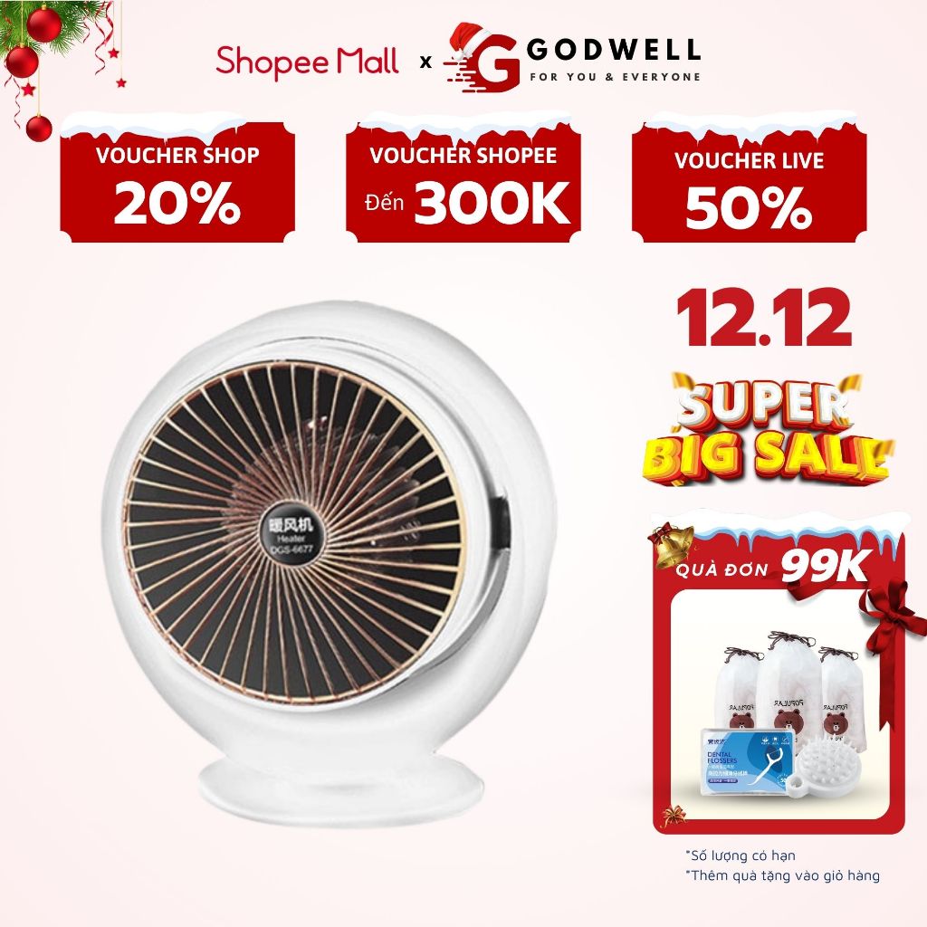 Quạt sưởi mini tròn GODWELL , Quạt sưởi để bàn thích hợp cho dân văn phòng công suất 800W
