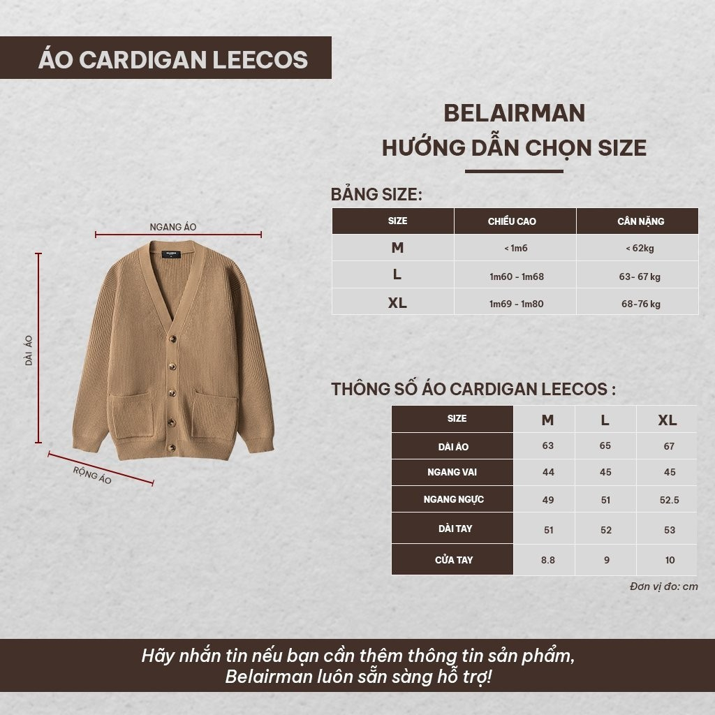Áo CARDIGAN LEECOS nam nữ BELAIRMAN vải cotton mềm mại thiết kế sang trọng trẻ trung, thanh lịch - CDLC0099