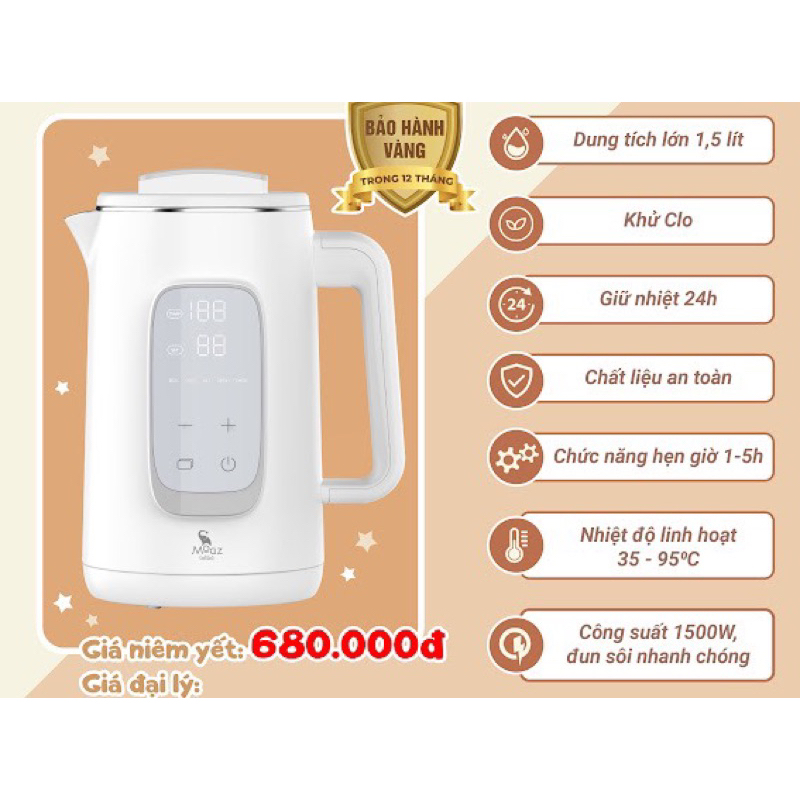 Ấm đun nước giữ nhiệt pha sữa pha trà khử clo moaz bébé moaz bebe mb070 1.5L bảo hành chính hãng 12 tháng