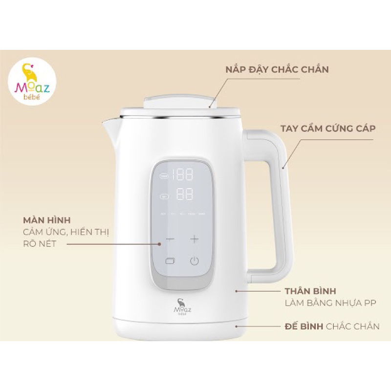 Ấm đun nước giữ nhiệt pha sữa pha trà khử clo moaz bébé moaz bebe mb070 1.5L bảo hành chính hãng 12 tháng