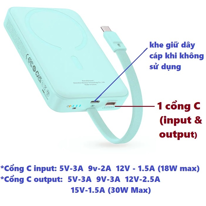 Pin dự phòng không dây nam châm tích hợp cáp type C sạc nhanh PD30W Baseus PPCXM10T