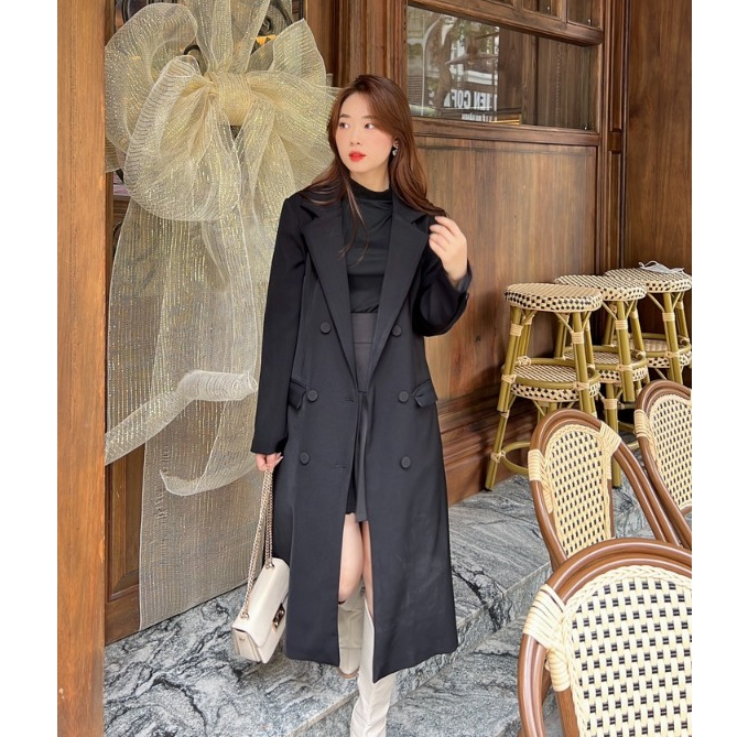 Áo blazer nữ mangto dáng dài chất liệu mango Hàn cao cấp phối cúc dọc thiết kế U&M (AKP01)