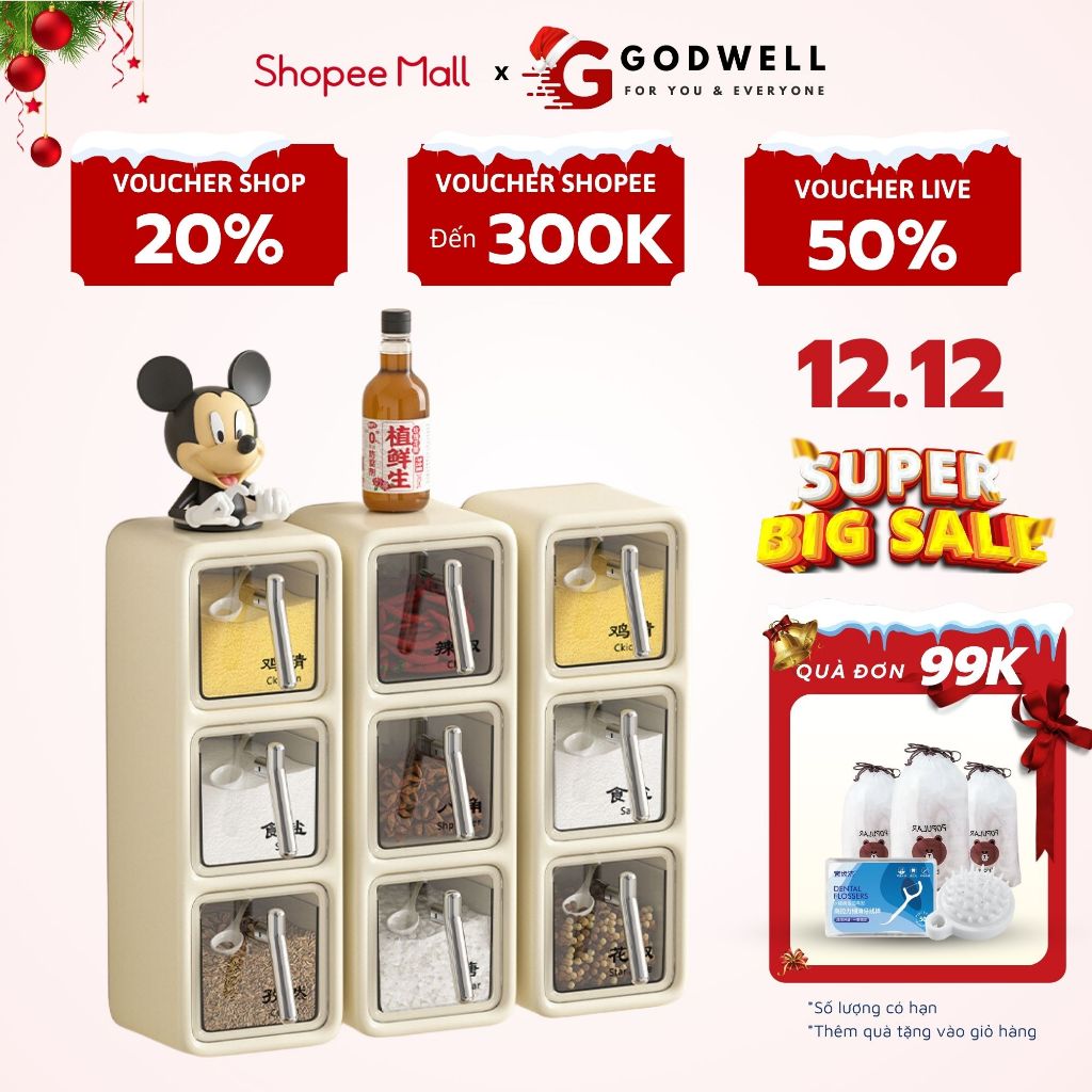 Kệ 3 hộp đựng gia vị gắn tường kèm muỗng GODWELL chất liệu nhưa PP an toàn tiện dụng kèm miếng dán
