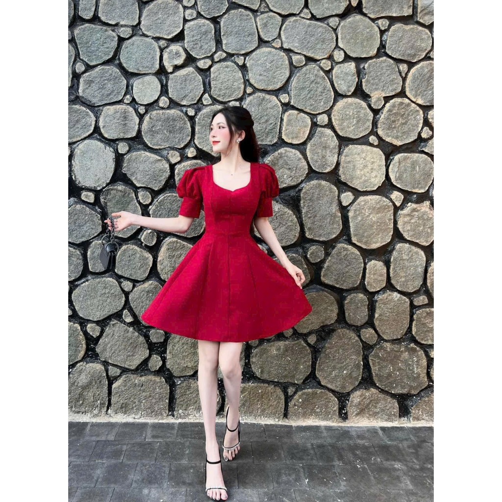 Đầm nhung tiểu thư đínhcổ vuông, váy chữ A đi tiệc tối tay phồng sang chảnh form đẹp mặc đi chơi giáng sinh
