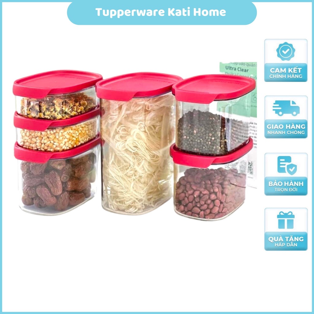 Bộ hộp trữ khô/ mát Ultra Clear Tupperware set 6 món nhựa cứng thân trong, hộp kệ bếp trữ đậu hạt bánh kẹo mứt