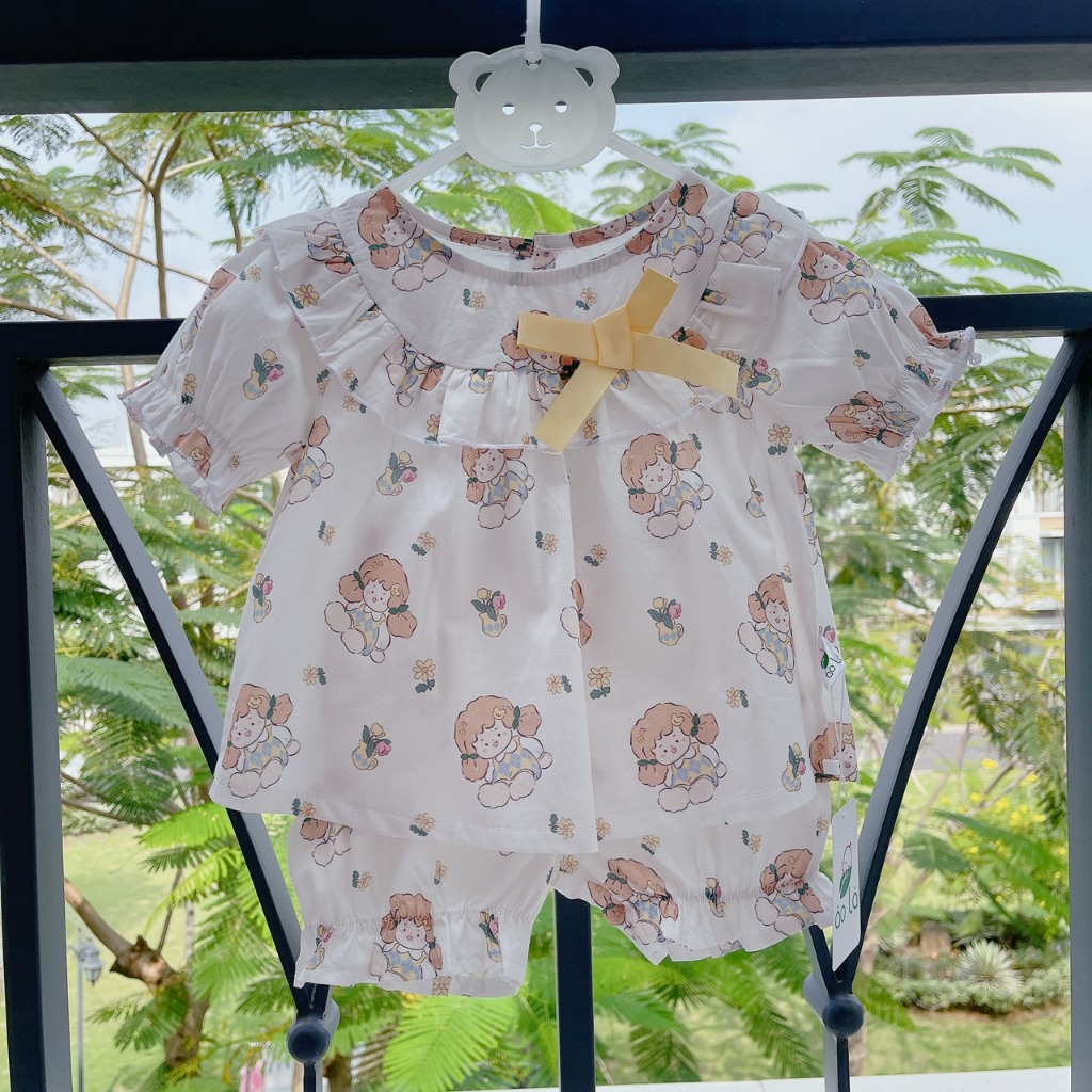 Bộ bé gái thô cotton áo babydoll viền bèo tay phồng, quần bí xinh xắn A088 Áo Lá Homewear thoáng mát thấm hút