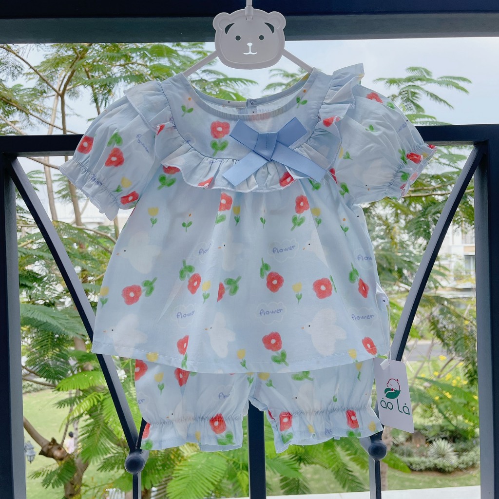 Bộ bé gái thô cotton áo babydoll viền bèo tay phồng, quần bí xinh xắn A088 Áo Lá Homewear thoáng mát thấm hút