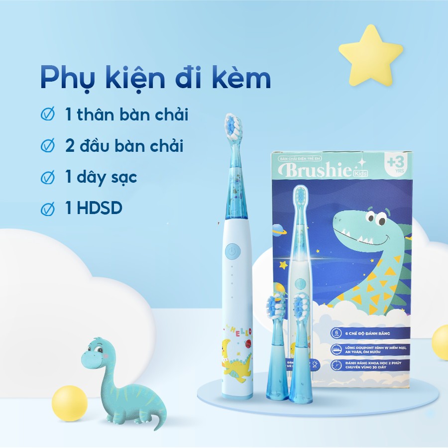 Bàn chải điện trẻ em Brushie Kids, bàn chải điện thông minh lông bàn chải mềm an toàn cho bé