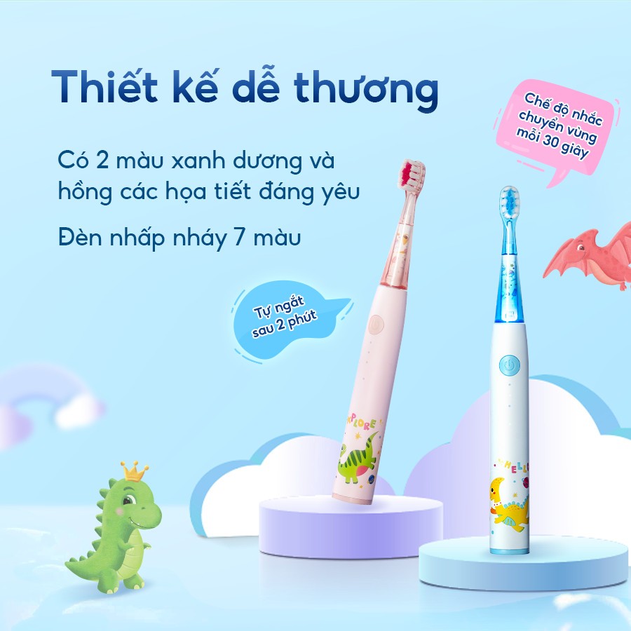 Bàn chải điện trẻ em Brushie Kids, bàn chải điện thông minh lông bàn chải mềm an toàn cho bé